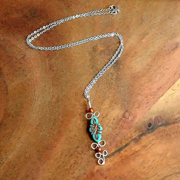 Czech Glass Beaded Pendant Necklace, Turquoise Silver Copper, Boho Statement - Picture 5 of 6